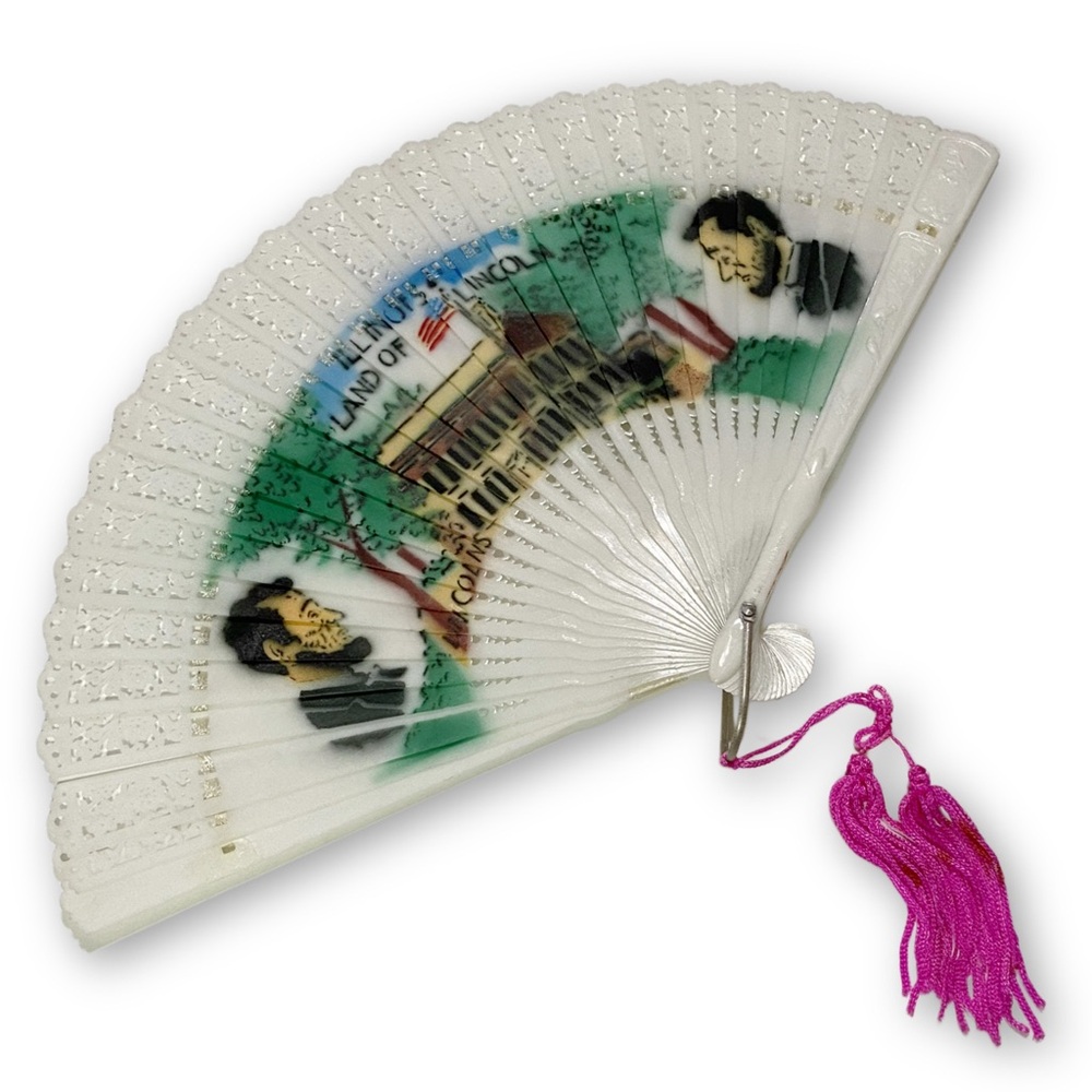Colins Antique Land of Lincoln Springfield Illinois Souvenir Folding Hand Fan